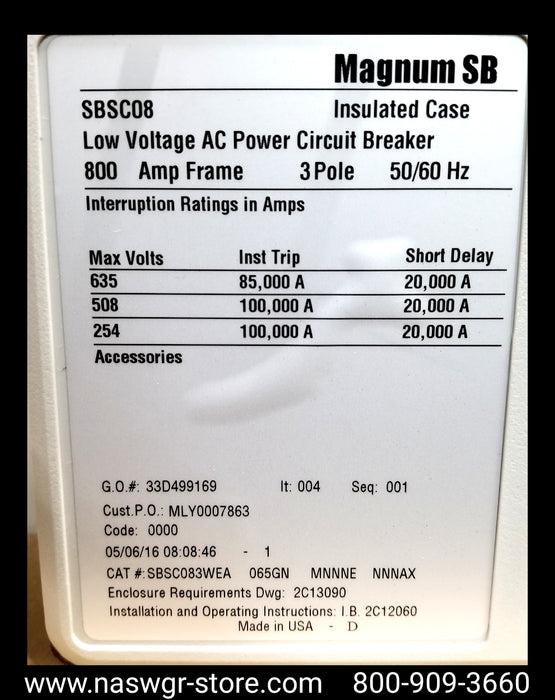 Eaton Magnum SB SBSC08 Circuit Breaker (M/O,D/O) - 600 Amp - Unused