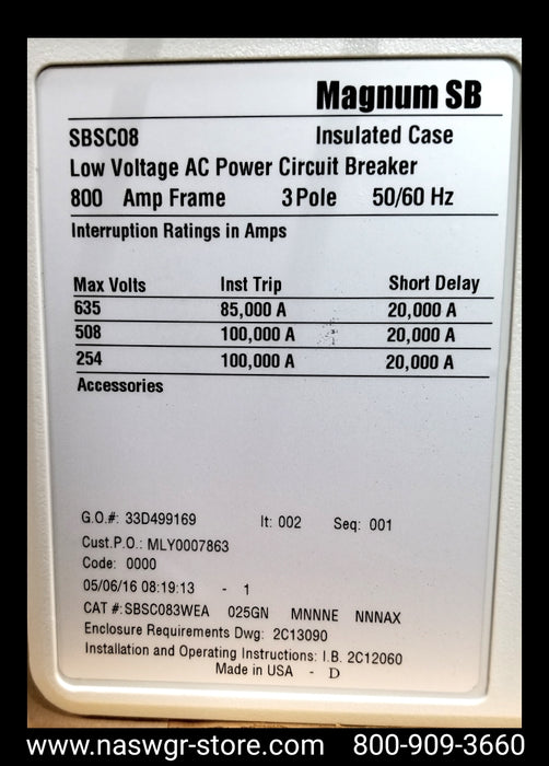Eaton Magnum SB SBSC08 Circuit Breaker (M/O,D/O) - 200 Amp - Unused