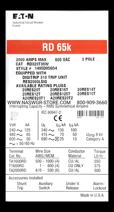 Eaton RD320T36W Molded Case Circuit Breaker - 2000 Amp
