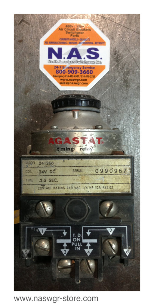 2412CB , Agastat 2412CB Timing Relay , Coil: 24V DC , Time: .2-5 Sec. , Contact Rating: 240VAC , 1/4 HP-10A Resist , PN: 2412CB