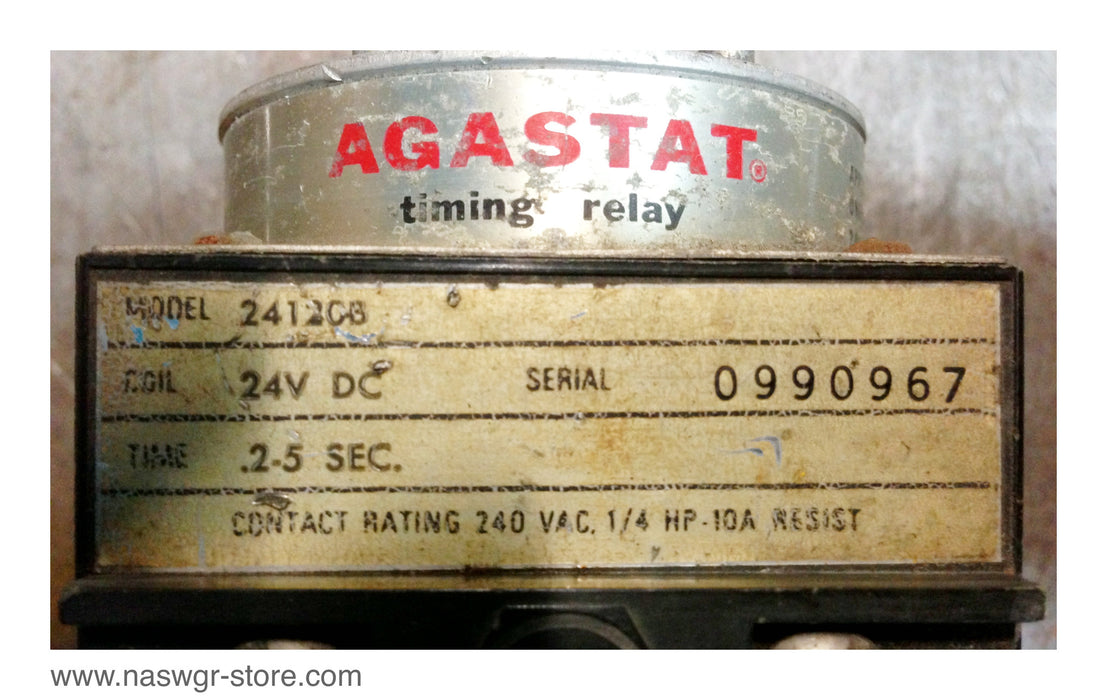 2412CB , Agastat 2412CB Timing Relay , Coil: 24V DC , Time: .2-5 Sec. , Contact Rating: 240VAC , 1/4 HP-10A Resist , PN: 2412CB