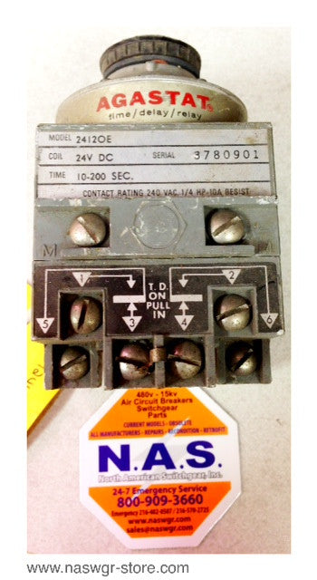 2412OE , Agastat 2412OE Timing Relay , Coil: 24V DC , Time: 1-200 Sec. , Contact Rating: 240 VAC , 1/4HP- 10A Resist , PN: 2412OE