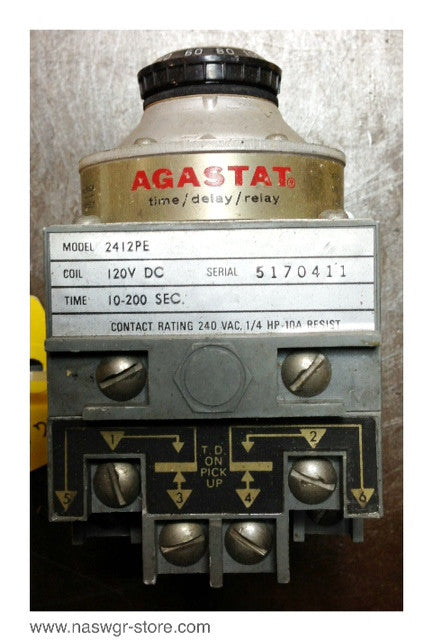 2412PE , Agastat 2412PE Time Delay Relay , Coil: 120V DC , Time: 10-200 Sec. , Contact Rating: 240 VAC , 1/4 HP- 10A Resist , PN: 2412PE