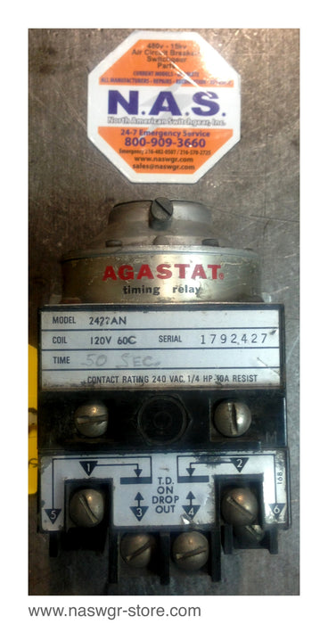2422AN , Agastat 2422AN Timing Relay , Coil: 120V , 60 Cycle , Time: .50 Sec. , Contact Rating: 240 VAC  1/4 HP-10A Resist , PN: 2422AN