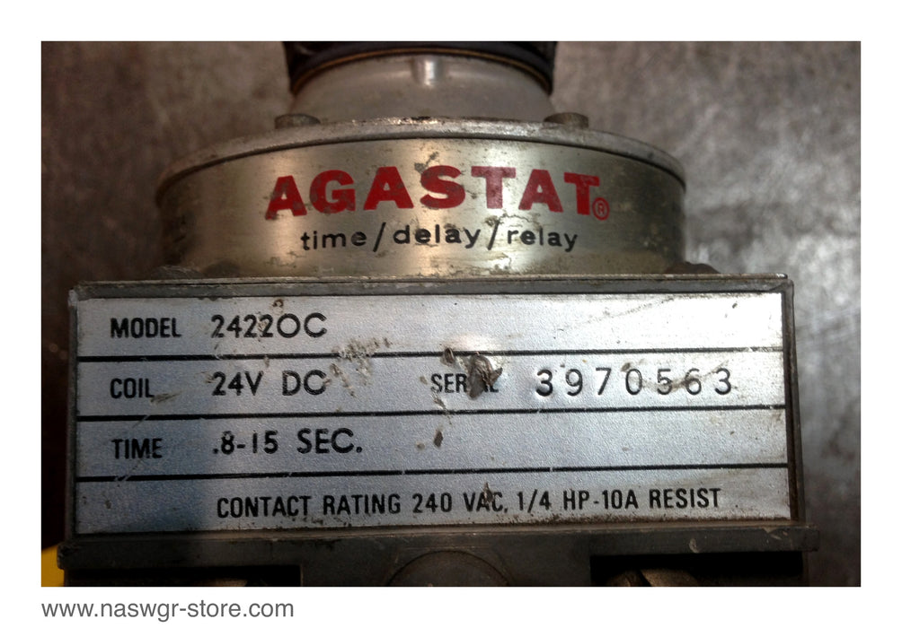 2422OC , Agastat 2422OC Time Delay Relay , Coil: 24VDC , Time: .8-15 Sec. , Contact Rating: 240VAC 1/4 HP- 10A Resist , PN: 2422OC