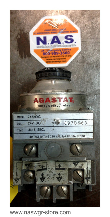 2422OC , Agastat 2422OC Time Delay Relay , Coil: 24VDC , Time: .8-15 Sec. , Contact Rating: 240VAC 1/4 HP- 10A Resist , PN: 2422OC