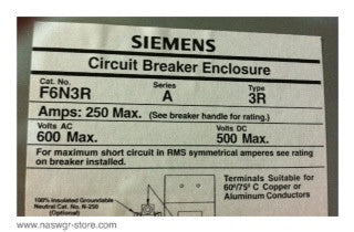 Siemens F6N3R Circuit Breaker Enclosure - 250 Amp - Unused Surplus
