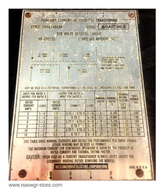 234A240G04 , Westinghouse 234A240G04 Auxiliary Current or Potential Transformer , 600 Volts , 60 Cycles , PN: 234A240G04