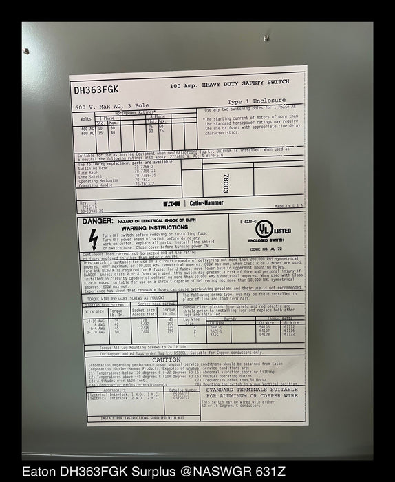 Eaton DH363FGK Heavy Duty Safety Switch - 100A/600V/3P/N1 - Unused