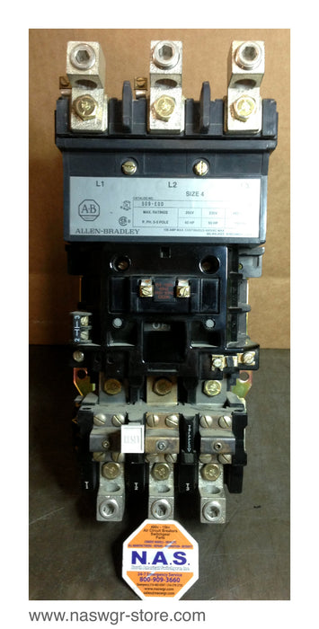 509-E0D , Allen Bradley Contactor , Size 4  , Series A ,40185-802-01 , 595A , PN: 509-E0D