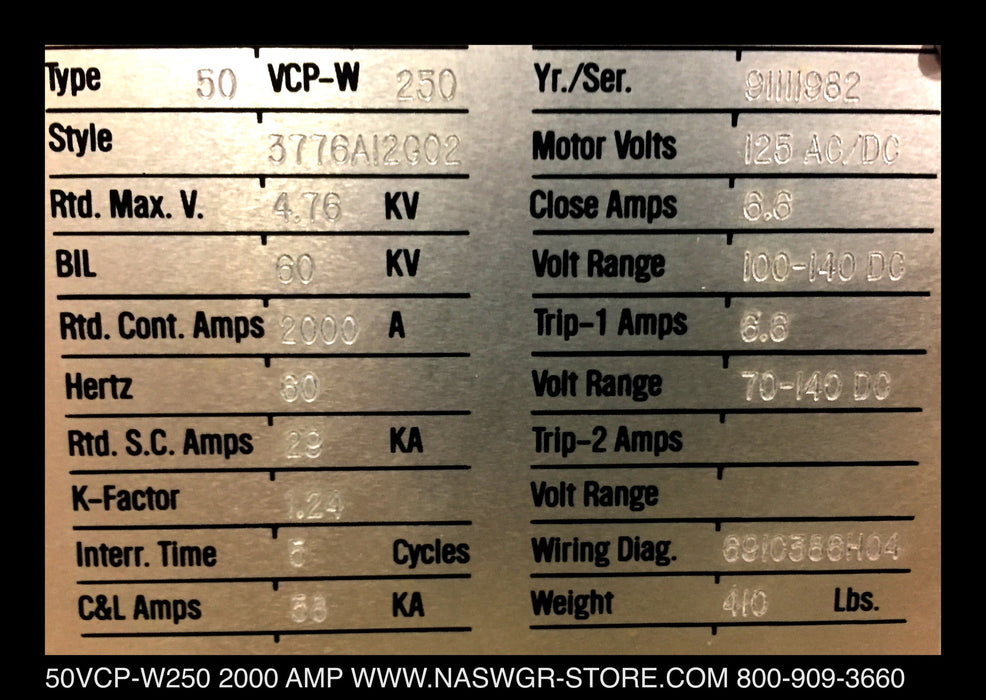 Westinghouse 50VCP-W250 Vacuum Circuit Breaker (E/O,D/O) - 2000 Amp