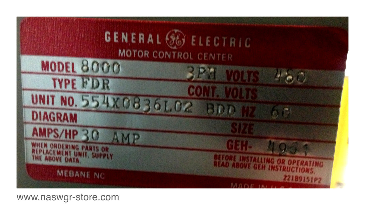 554X0836L02BDD ~ GE 8000 Series Size 1 30 amp Fusible MCC Bucket ~ Type: FDR
