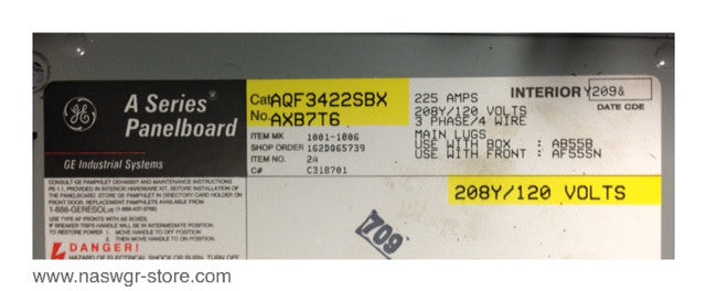AQF3422SBX , AB55B , GE AQF3422SBX A series Panelboard , NEMA 1 Enclosure , Box: AB55B , NO: AXB7T6 , 225 Amp , 208Y/120 Volts , 3 Phase , 4 Wire , PN: AQF3422SBX