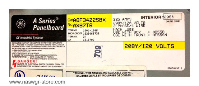 AQF3422SBX , AB55B , GE AQF3422SBX A series Panelboard , NEMA 1 Enclosure , Box: AB55B , NO: AXB7T6 , 225 Amp , 208Y/120 Volts , 3 Phase , 4 Wire , PN: AQF3422SBX