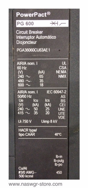 PGA36060CU63AE1 ~ Square D PGA36060CU63AE1 Circuit Breaker Micrologic Programmer 5.0 P LSI Functions ~ PowerPact PGA36060