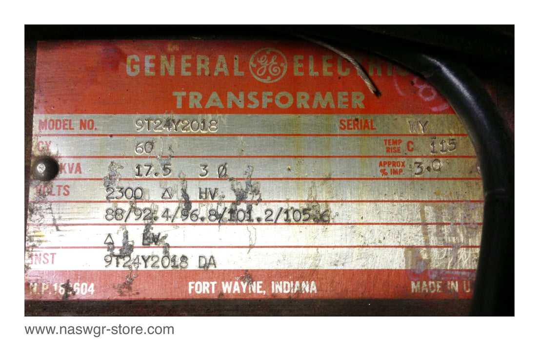 9T24Y2018 , GE 9T24Y2018 Transformer , 60 Cycle , 17.5 KVA , 2300 Volts , INST: 9T24Y2018 DA , Serial: WY , Temp. Rise C 115 , Approx. % IMP. 3.0 , PN 9T24Y2018