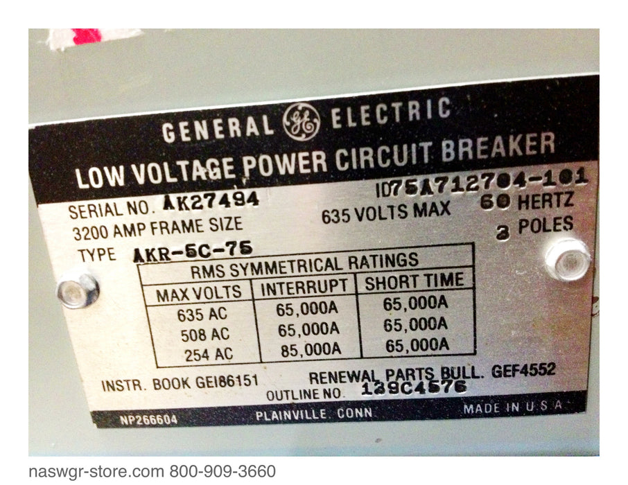 AKR-5C-75 ~ GE AKR-5C-75 Circuit Breaker ~ 3200 Amp ~ M/O