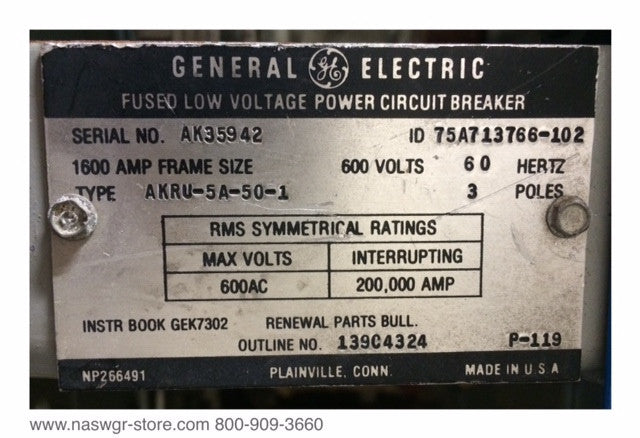 General Electric AKRU-5A-50-1 Circuit Breaker (M/O,D/O) - 1600 Amp