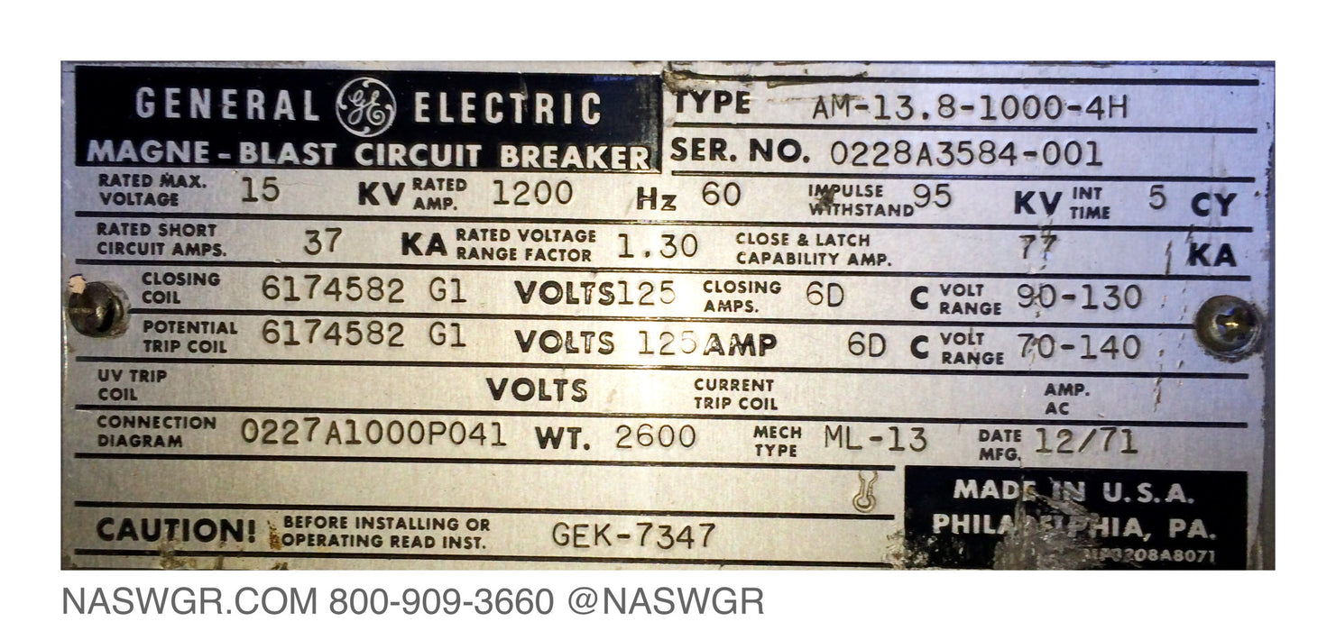 AM-13.8-1000-4H , GE AM13.8-1000-4H Circuit Breaker , 1200 Amp Magneblast