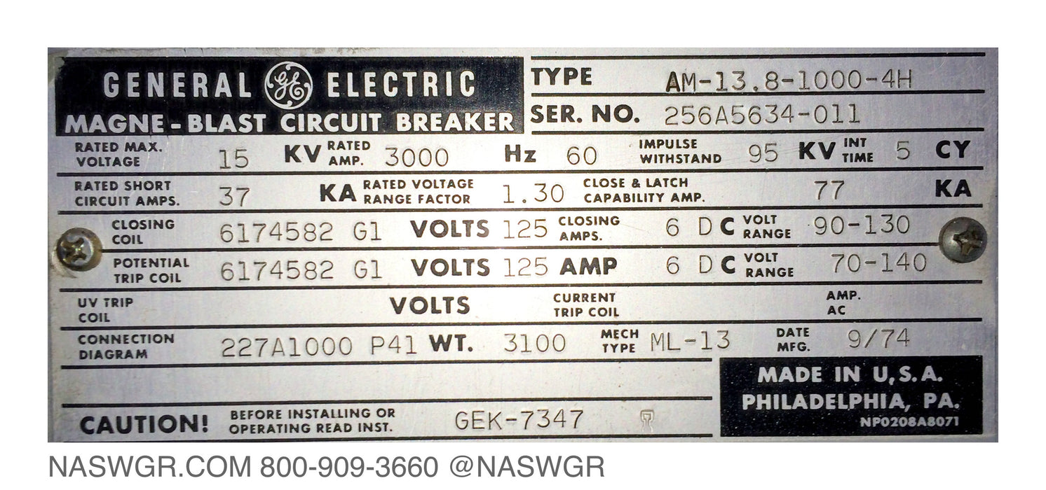 GE AM13.8-1000-4H Circuit Breaker ~ 3000 Amp ~ Magneblast