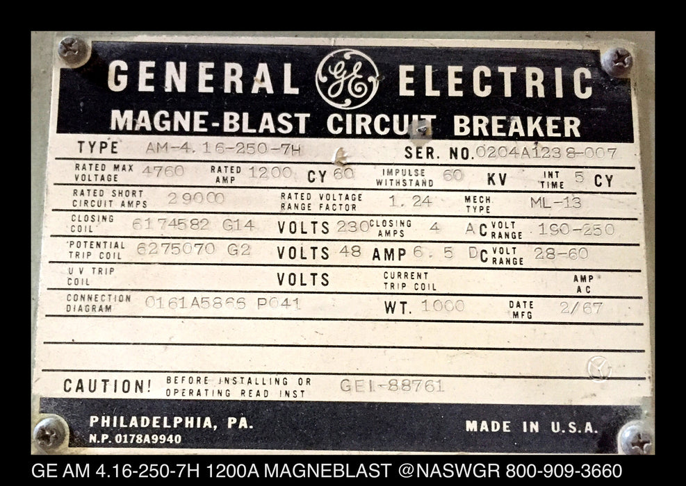 GE Magneblast AM4.16-250-7H Circuit Breaker (E/O,D/O) - 1200 Amp