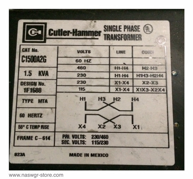 C1500A2G ~ Cutler Hammer C1500A2G Single Phase Transformer