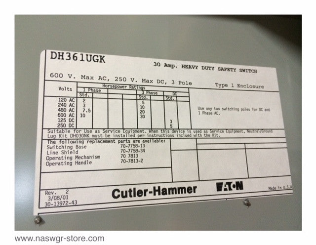 Eaton/Cutler Hammer DH361UGK Heavy Duty Safety Switch - 30A/600V/3P/N1 - Unused