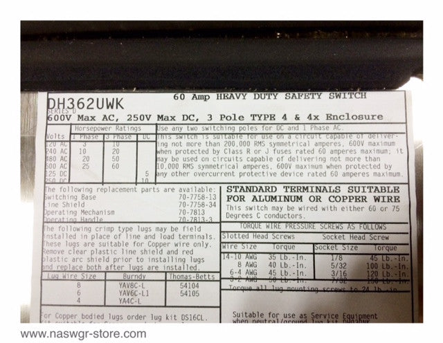 Eaton DH362UWK Heavy Duty Safety Switch - 60A/600V/3P/N4X