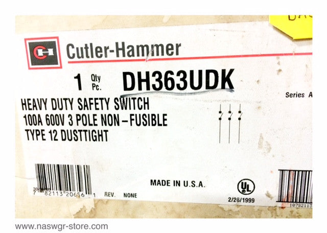 Eaton DH363UDK Heavy Duty Safety Switch - 100A/600V/3P/N12/3R - Unused