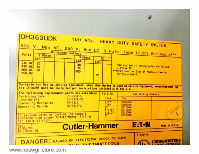 Eaton DH363UDK Heavy Duty Safety Switch - 100A/600V/3P/N12/3R - Unused
