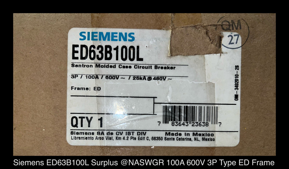 Siemens ED63B100L Molded Case Circuit Breaker - 100 Amp - Unused