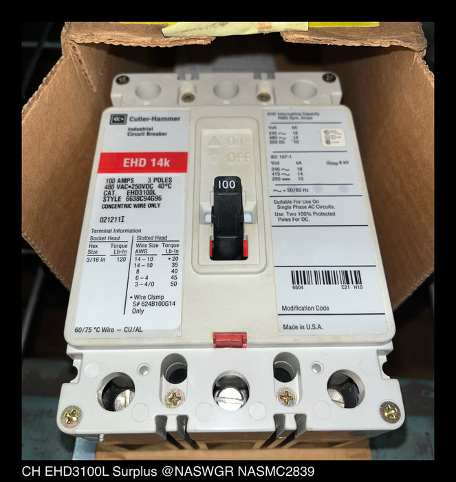 Cutler Hammer EHD3100L Molded Case Circuit Breaker ~ 100 Amp - Unused Surplus