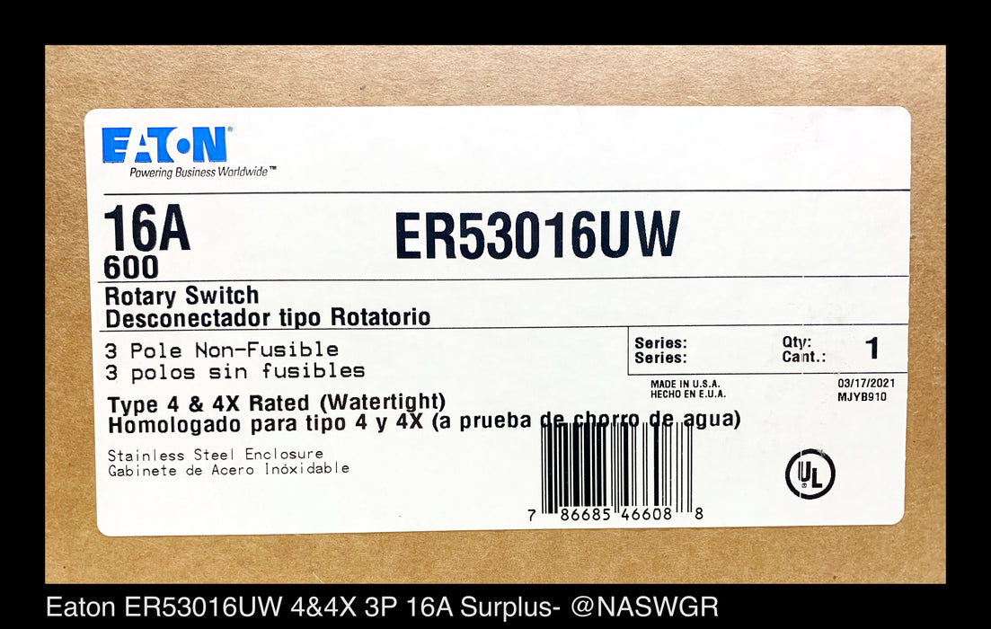 ER53016UW ~ Eaton Enclosed Rotary Disconnect Switch ER53016UW 16A ~ Surplus