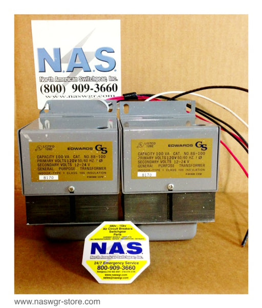 88-100 , Edwards 88-100 General Purpose Transformer , Capacity: 100VA , Primary Volts: 120V 50/60 Hz. , Secondary Volts: 12-24V , Indoor Type 1 Class 105 , 8170 , PN: 88-100