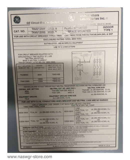 GE Indoor Type 1 Circuit Breaker Enclosure 1200 Amp Rated