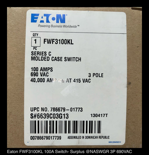 Eaton FWF3100KL Molded Case Switch ~ 100 Amp - Unused Surplus