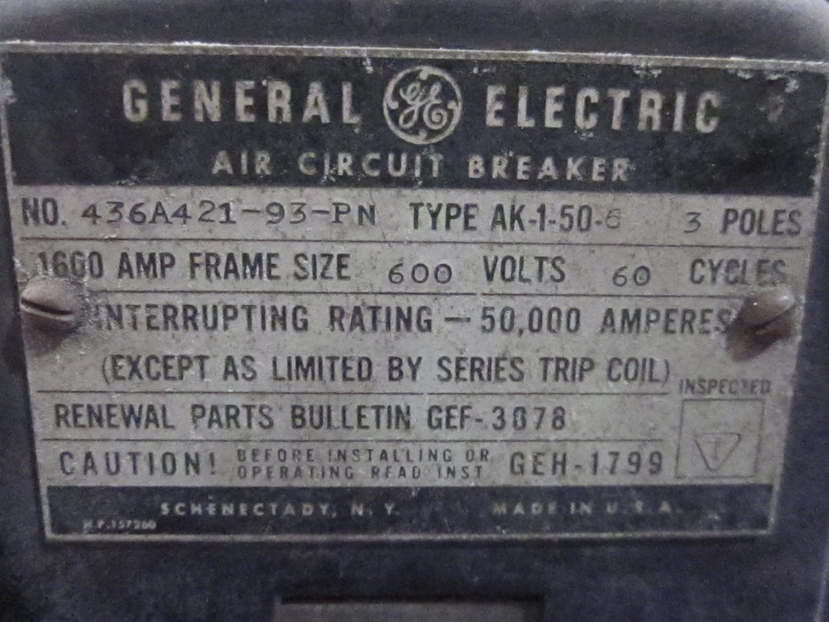 General Electric AK-1-50-6 Circuit Breaker (E/O,D/O) - 1600 Amp
