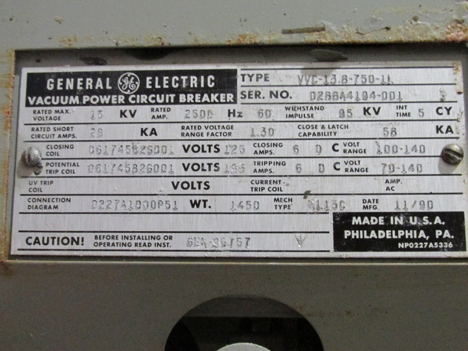 VVC13.8-750-1L General Electric Vacuum Power Circuit Breaker