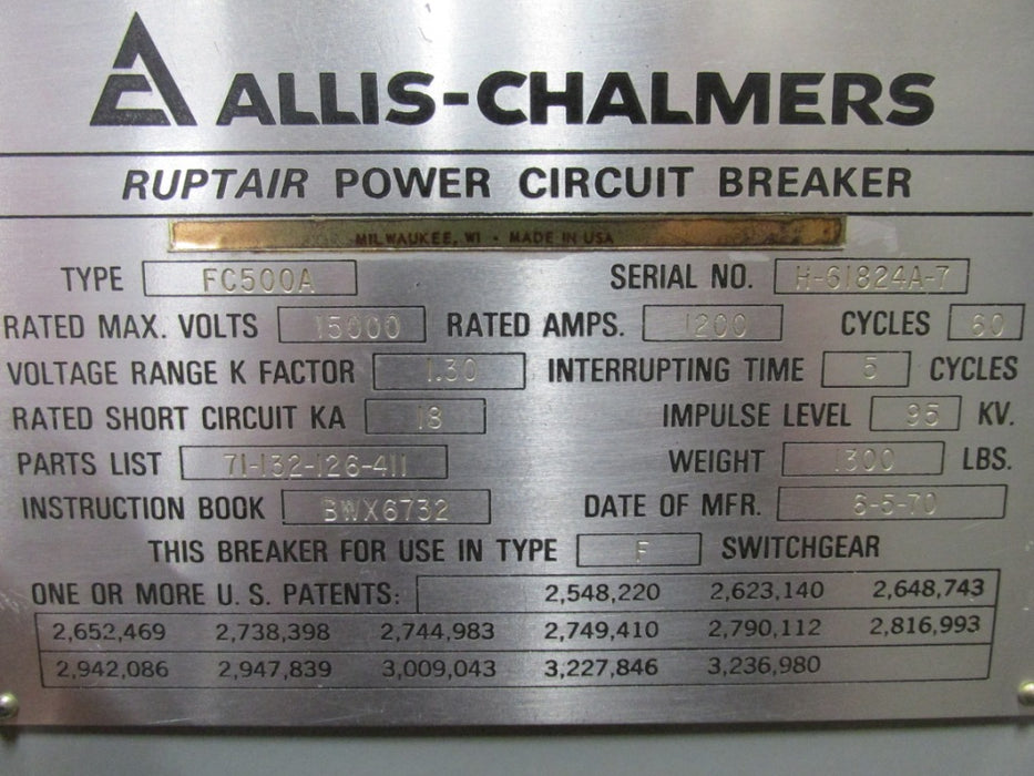 FC-500A Allis Chalmers - Ruptair Power Circuit Breaker