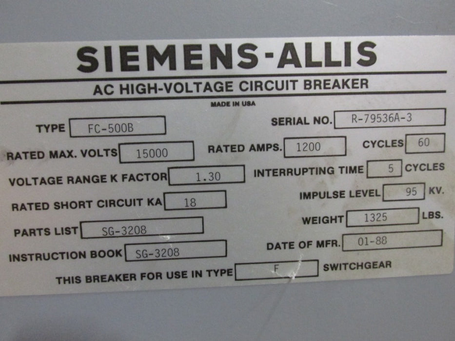 Siemens Allis FC-500B Circuit Breaker (E/O,D/O) - 1200 Amp
