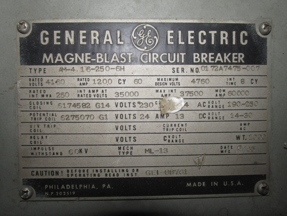 AM4.16-250-6H General Electric Magne-blast Circuit Breaker