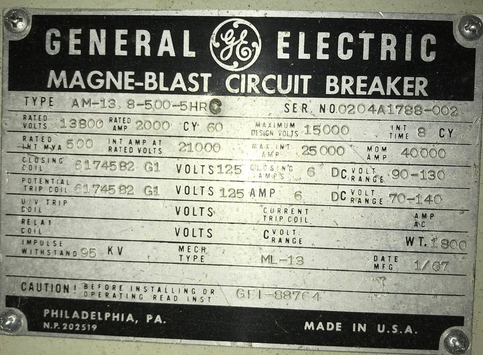 AM13.8-500-5H - General Electric Magne-blast 2000AMP Circuit breaker
