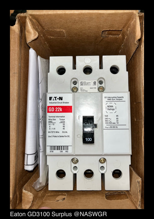 Eaton GD3100 Molded Case Circuit Breaker - 100 Amp - Unused