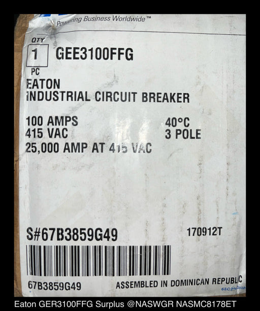 Eaton GEE3100FFG Molded Case Circuit Breaker ~ 100 Amp - Unused Surplus