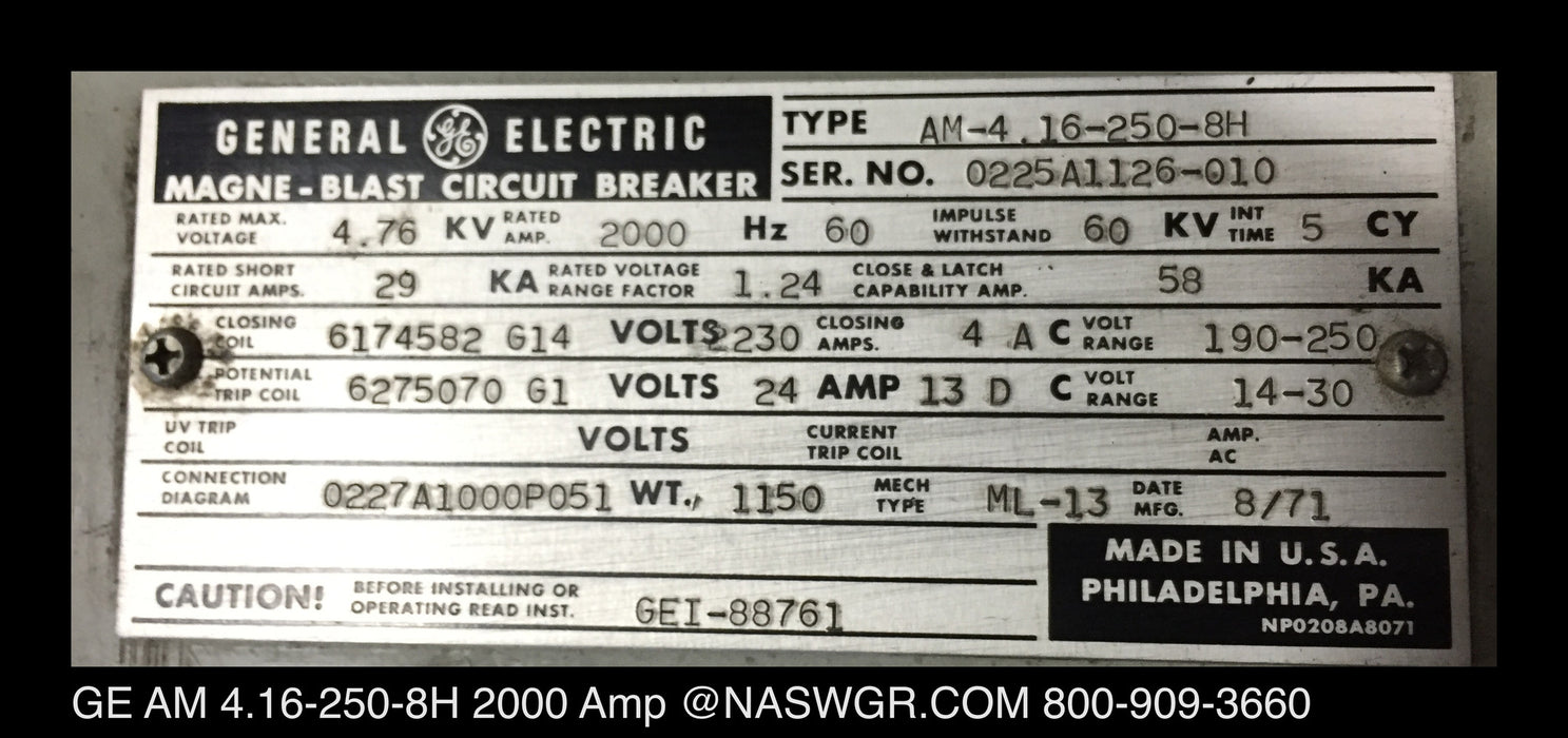 GE Magneblast AM4.16-250-8H Circuit Breaker (E/O,D/O) - 2000 Amp
