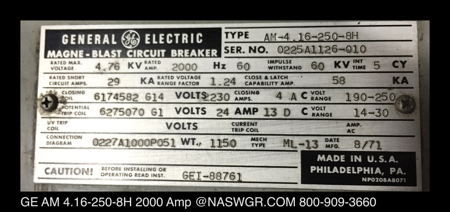 AM 4.16-250-8H ~ GE AM 4.16-250-8H Circuit Breaker 2000 Amp MAGNEBLAST