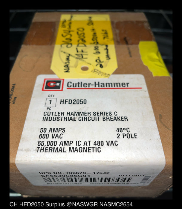 Eaton CH HFD2050 Molded Case Circuit Breaker ~ 50 Amp - Unused Surplus