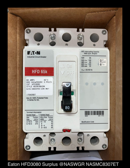 Eaton HFD3080 Molded Case Circuit Breaker ~ 80 Amp - Unused Surplus