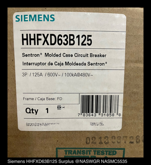 Siemens HHFXD63B125 Molded Case Circuit Breaker - 125 Amp - Unused