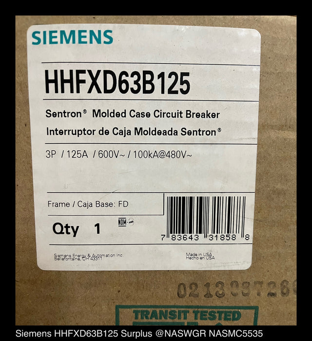 Siemens HHFXD63B125 Molded Case Circuit Breaker - 125 Amp - Unused